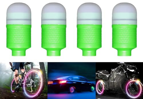 YUERWOVER 4 Pack LED Bike Wheel Lights Car Tire Valve Stems Caps Bicycle Motorcycle Waterproof Tyre Spoke Flash Lights Cool Reflector Accessories for Kids Men Women with 6 Extra Batteries(Green)