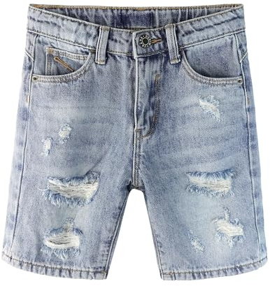 KIDSCOOL SPACE Bébé Petits Grands Garçons Short en Jean, Ceinture Élastique À L'intérieur des Trous Déchirés Jeans Vêtements D'été