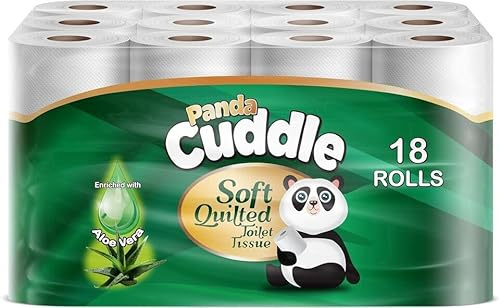 Ayn Al Madina Panda Cuddle Soft Quilted Toilet Rolls | Super Quality Tissues| 3 Ply Toilet Paper | Provide Ultimate Quilted Comfort | Compostable & Sustainable Tissue Roll (Aloe Vera, Pack of 18)