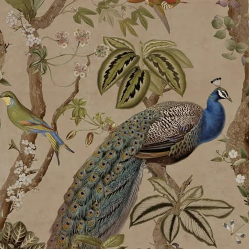 SOPHIE LAURENCE Taupe Peacock Woods Wallpaper - Modern Botanical with Peacocks Design, Pink & White Floral, Washable Paper, 0.53m x 10.05m Roll, Paste The Paper, Wet Removable - Ideal for Any Room