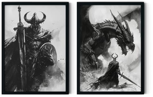MJ-GRAPHICS® Poster Set Dark Fantasy Krieger Jungen Gamer & Jugendzimmer Bilder Elden Ring Poster Gaming Zimmer Deko, 2xA4 Ritter, Drachen Bilder Wanddeko Deko Bilder Gamer Deko Bilder ohne Rahmen
