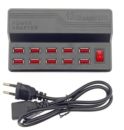 JZK Cargador USB de 5 V 12 A, Estación de Carga Multipuerto 10 Puertos 60 W con Adaptadores de Fuente de Alimentación