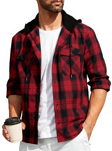 SwissWell Chemise Homme à Carreaux Flanelle Chemise Bûcheron Homme Surchemise Manches Longues Capuche Bouton Chemise Décontractée Rouge Foncé L