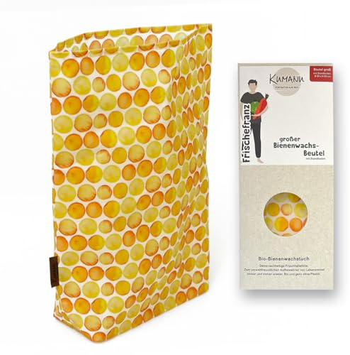 Kumanu | Ekologisk bivaxduk – väska färsk frans stor | H 35 cm x B 29 cm med stativ | hålla naturlig och plastfri fräsch | handgjord i tyrolen (gula cirklar)