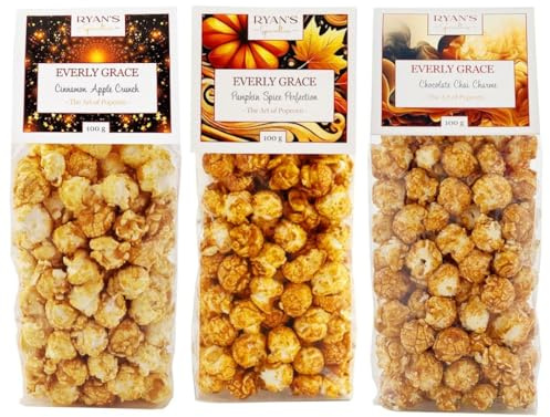 Everly Grace Popcorn Fall Bundle – Pumpkin Spice Perfection, Cinnamon Apple Crunch, Chocolate Chai Charme, chaque 100 g sachets de popcorn de notre manufacture à Augsbourg, Allemagne