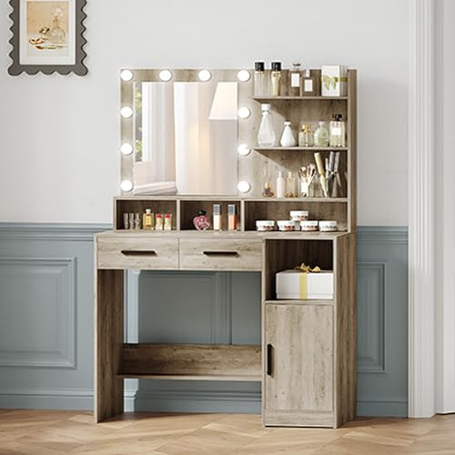 Hzuaneri Coiffeuse avec Miroir et 10 Lumières LED Réglables, Greige | Table de Maquillage avec 2 Tiroir et 1 Armoire, 3 Étagères et 4 Compartiments Ouverts, DT32505X