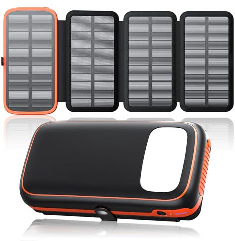 Cargador Solar Power Bank 27000mAh – FEELLE Batería Externa con 3 Salidas USB 3A Carga Rápida, Linterna Integrada y 4 Paneles Solares Plegables Cargador Portátil para Smartphones Tablets