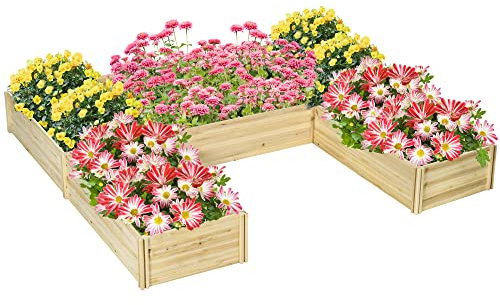 Outsunny Orto Rialzato da Esterno 5 Pezzi Componibili a Fondo Aperto, Orto da Balcone in Legno di Abete per Verdure, Piante e Fiori, 230x230x28 cm, Color Legno