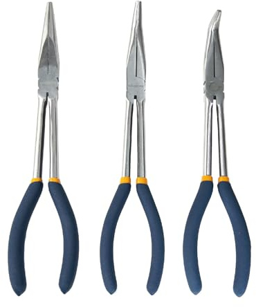 MANUFORE 11 in Long Reach Needle Nose Pliers 3-Piece Set - Straight, 45° Bent, and 90° Bent Heads - Household Tool Kit for Electrical, Repair, DIY