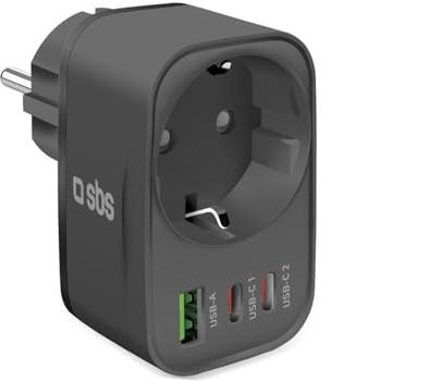 SBS USB-A USB-A multi-uttag, Schuko-uttag max 3 500 W, Power Delivery (PD) 30 W, snabbladdning, USBC- och USBA-laddare, laddare för iPhone, Samsung och surfplatta, svart
