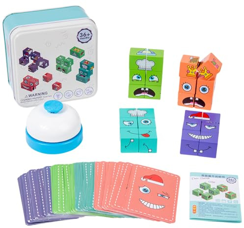 Wooden Magic Cube Puzzle With Small Bell,3D Face Changing Magic Cube Game,Family Parent Child Battle Board Game&Suitable For Kid Christmas And Birthday Gifts,Multi-Colour Thinking Challenge Game