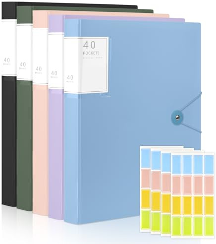 5 Pcs A4 Display Folders with Plastic Sleeves, Total 200 Pockets Presentation Display Book with Safety Rope, 40 Pockets A4 Certificate Filing Folder for School Office