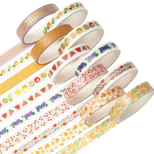 YUBX Skinny guld washi tejp set folie dekorativ tejp för gör-det-själv-hantverk, kultidskrifter, planerare, scrapbooking, inslagning (frukttema)