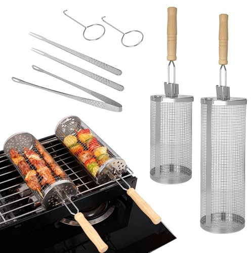 Rollendes Grillkorb Set aus 304 Edelstahl mit abnehmbarem Holzgriff,Grillkorb Gemüse,Grill Zubehör für Fleisch & Meeresfrüchte, für Outdoorküche,Camping,Garten,Grillzubehör Männer Geschenk