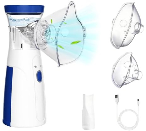Nebulizador Portátil,Nebulizador Adultos,USB-C Recargable Aerosol Ultrasónico,2 Máscaras y 1 Boquillas,Ruido Bajo Silenciosos,Adecuado para Adultos y Bebe en Casa y de Viaje