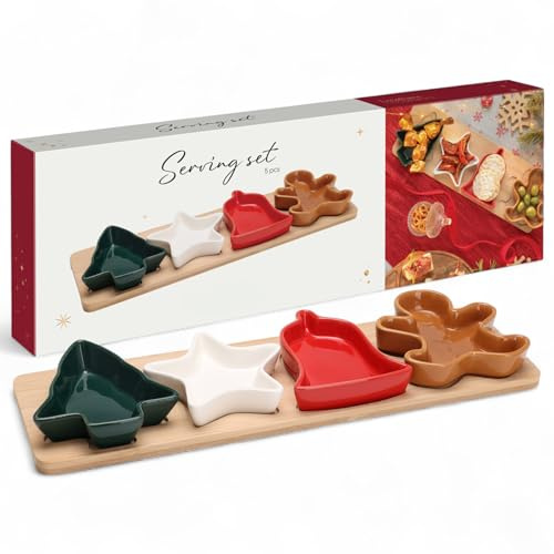 MIJOMA Juego de 5 cuencos de porcelana en forma de árbol, estrella, campana y pan de jengibre en bandeja de madera, colorido juego de aperitivos y salsas para ocasiones festivas