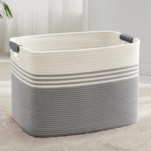Grande cesto per biancheria intrecciato in corda di cotone, 100L, con manici in cuoio, per coperte, vestiti, giocattoli, per lavanderia, camera bambini o soggiorno, 60x40x40 cm, bianco e grigio
