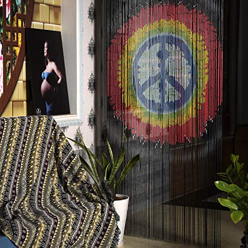 TACHILC Bamboo Beaded Curtains for Doorways - 35.5 x 78 Inch Boho Wooden Bead Door Curtain, 90 Strands - Hand-Painted Peace Sign Hanging Beads for Closet, Room Divider & Boho Home Decor