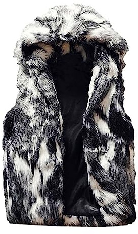 Idopy Men`s Luxury Faux Fur Hoodie Coats Sleeveless Jacket Vest With Hood (US S(tag L), Black Grey)