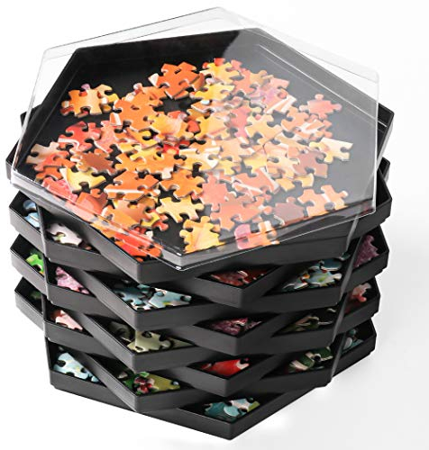 Becko Stapelbare Puzzle Sortiertabletts Puzzlesortierer mit Deckel Puzzle Zubehör für Puzzles bis zu 1500 Teile, 8 sechseckige Tabletts (schwarz)