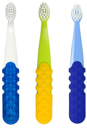 RADIUS Children's Toothbrush, Totz Plus Brush, Extra Soft Bristles, White/Green/Lightblue, BPA Free & ADA Accepted, for Delicate Teeth & Gums for Children 3 Years & Up, Pack of 3