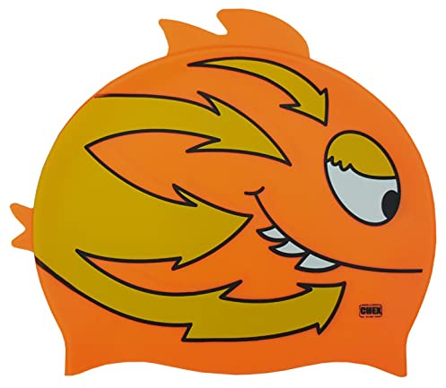 CHEX Stretchy Silicone Unisex Girls Boys 3-7 Years One Piece Swimming Hat Swim Cap Smiley Fish Double Fin Print Design One Size Pull On Swim Hat (Orange/Yellow)