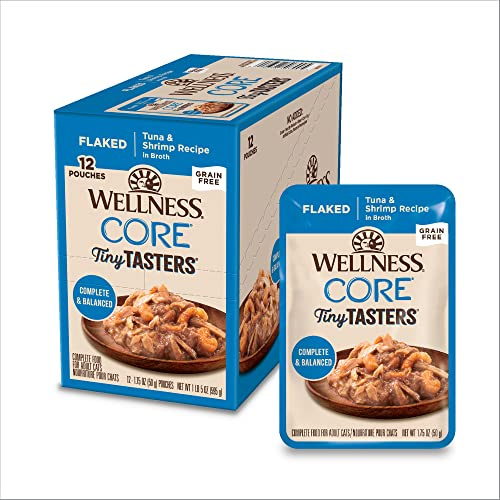Wellness CORE Tiny Tasters Flaked Adult Wet Cat Food, Natural, Protein-Rich, Grain Free, 1.75-Ounce Pouch, 12 Pack, (Tuna & Shrimp)