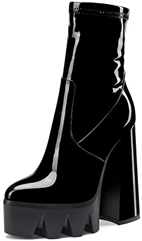 NobleOnly Femmes Bloc Chunky Haut High Talon Heel Plate-forme Fermé Bout Bottines Slip-on Sexy Dress Fermeture à Glissière 14 CM Heels Noir 38 EU