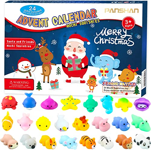 PANSHAN 2025 Mochi Squishy Advent Calendar Christmas 24 Days Countdown Advent Calendar Including 24 Cute Kawaii Mochi Animal Squishies Toys for Kids Boys Girls