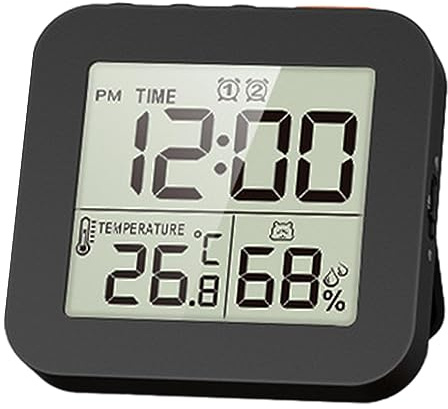 perfk Reloj de baño Digital Temporizador de Ducha con Alarma, Relojes Impermeables para baño, Relojes de Cocina, Higrómetro Reloj de Pared, Negro