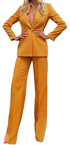L9WEI Conjunto de traje elegante para mujer, de un solo color, con solapa, de dos piezas, blazer de manga larga y pantalón, traje de negocios y oficina, conjunto de un solo color, ajustado, de dos
