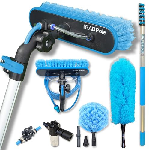 34ft(9m) IGADPole Washing Kit: Water-fed Brush with Soap Dispenser, Cobweb Dusters, with 6-Stage Telescoping Pole 5-30ft Pole/Window and Dusting Cleaning Kit