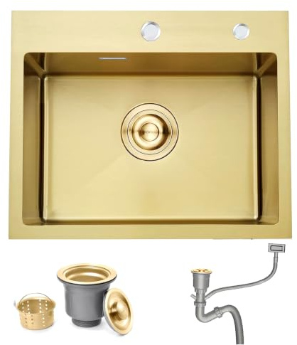 Evier Cuisine 1 Bac 55x45 cm, Bokaiya Petit Evier de Cuisine sous Plan/sur Plan avec 2 Trous de Robinet, Ensemble de Vidange et de Trop-Plein, y Compris Siphon, Installation Flexible, Or Brossé | Barre humide de calibre 16 pour camping-car d'extérieur · Filtre de vidange · Distributeur de savon · Installation sur le