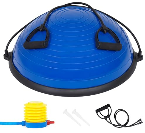 JINPALAY Entrenador de Equilibrio Fitness Ø 58cm, Pelota de Equilibrio Bossu Semiesfera con Inflador y Gomas, Soporta hasta 120kg, Ideal para Gimnasio y Ejercicios de Yoga y Pilates. (Azul)