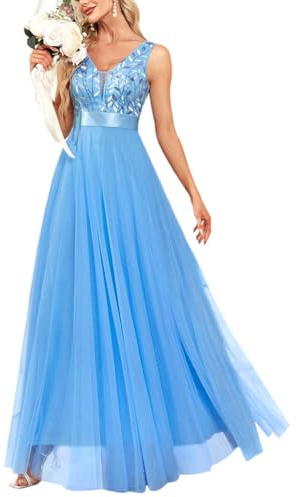 ORANDESIGNE Vestito da Sera Elegante Donna Lungo Vestiti Paillettes in Tulle Chiffon Abito Damigella d'Onore Vita Alta Formale Maxi Abiti da Cerimonia Linea ad A Stile Impero A Azzurro L