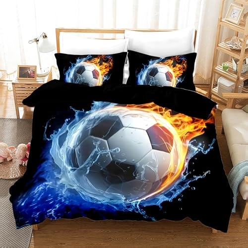 Set de linge de lit football, motif football Imprimer Housse de couette en microfibre, avec fermeture éclair et 2 taies d'oreiller 50 X 75cm, pour décoration de chambre à coucher (D, 220x240cm)