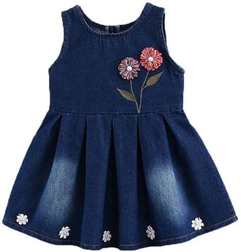 AOOPOO Salopette Bimba con Carina Ricamo, Bambina Denim Bretella Vestito Outfit Jeans Salopette Neonati Ragazza Moda Denim Abito Principessa Casual Blu Tuta Gonna per Bambine 1-9 Anni