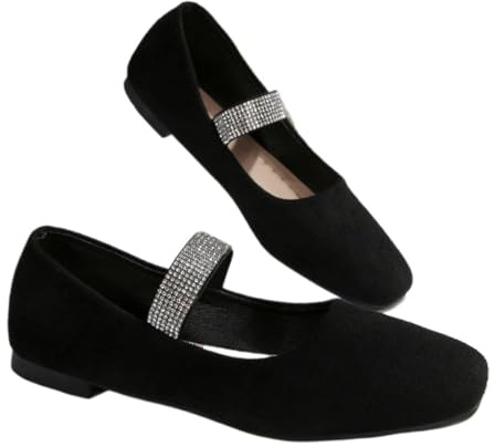 WINDEHAO Ballerine Mary Jane da donna decorate con strass, eleganti senza lacci, punta tonda, scarpe piatte nere glitterate ortopediche comode con tacco basso, Nero , 44 EU