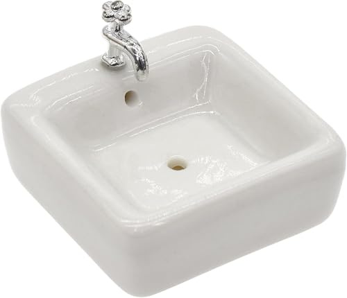 Fregadero de cerámica a escala 1:12 con grifo extraíble, accesorios de baño y cocina en miniatura para decoración de estilo victoriano, muebles realistas de casa de muñecas (juego de lavabo de resina