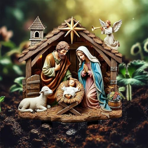Presepe da esterno, 2D acrilico Gesù segno di Natale giardino palo decorazione paesaggistica inserti statue cartello per piante in vaso, giardino, balcone, fattoria