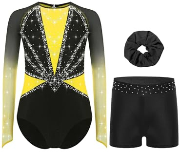 dPois Maillot Brillante De Gimnasia Rítmica para Niñas Leotardo Manga Larga con Leggings Cortos Elásticos Mono De Deportivo Amarillo 11-12 años