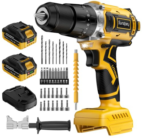 Sundpey 21V Trapano Avvitatore a Batteria - Brushless Trapano Percussione con 2 Batterie 4.0Ah, Max.2150 G/min, 20+3 Coppie, 13mm Mandrino, 2 Velocità, Impugnatura, Avvitatore Elettrico per Fai da te