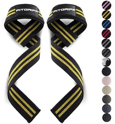 Fitgriff® Zughilfen (gepolstert) für Krafttraining, Bodybuilding, Fitness - Kreuzheben Gurte - Lifting Straps - für Frauen und Männer (Black/Yellow)