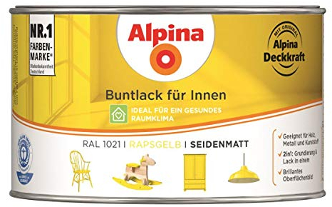 Alpina Buntlack für Innen - RAL1021, 300ml Rapsgelb, Satin Finish, Innenlack für Holz, Möbel, Schränke und Dekoration