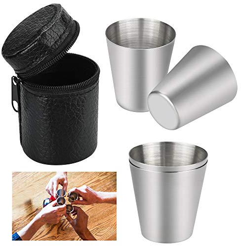 PERFETSELL 4 Pcs Vaso Chupito Acero 30 Ml Vasos de Acero Inoxidable Vaso de Metal Vasos Camping Irrompible Vaso Pequeño Plegables y Reutilizables con Funda de Cuero para Camping Viaje Niños y Casa
