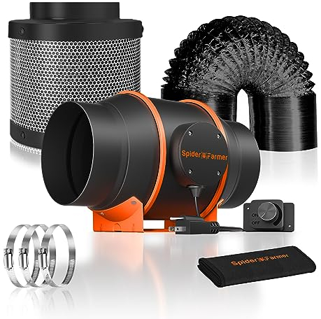 Spider Farmer Abluftset 150mm/6 Inch Rohrventilator mit RJ12 Drehzahlregler, Aktivkohlefilter Abluft Lüftungsset Kohlefilter, 62W Grow Lüfterset, 402 CFM Belüftungssystem für Growzelt, Hydrokultur