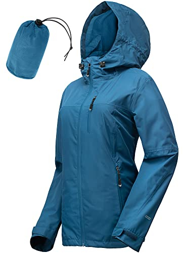 33,000ft Regenjacke Damen Wasserdicht Outdoorjacke Atmungsaktiv Herbst Übergangsjacke Leichte Jacke mit Kapuze Windbreaker zum Wandern Reisen Treking Fahrrad Vintage-Blau 40