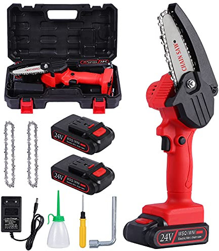 4Inch Elektro Kettensäge Mini Elektro Säge, Batterie Handkettensäge Batteriebetrieben, 2 Ketten Elektro Säge Akku zum Schneiden von Zweigen und Holz mit 2 Batterien