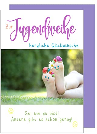Edition Seidel Premium Glückwunschkarte zur Jugendweihe mit Umschlag. Eine einzelne Karte mit Spruch. Grusskarte zur Jugendweihe bunte Füsse Junge Mädchen (JW126 SW023)