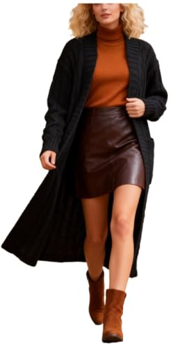 Shuanghao Cardigan-Cappotto Caldi-Invernali Tinta-Unita Lunghi-Oversize Donna - Maglioni a Maglia con Scollo a V di Moda Tempo Libero a Maniche Lunghe Cappotti Morbido con Tasche Donna Nero L